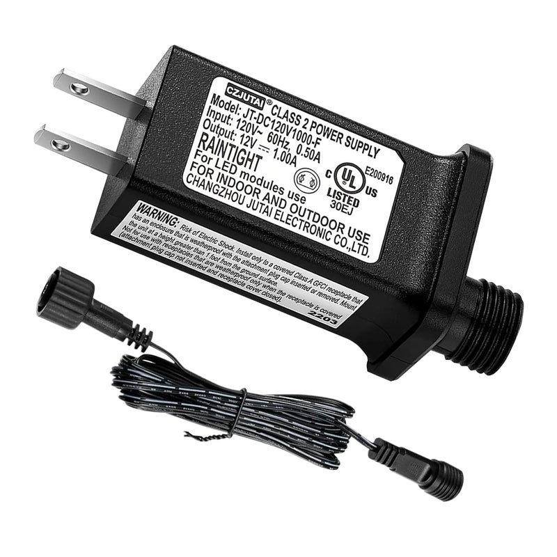 Airoads 12V 1A LED Controller with Extension Cord, Replacement Model JT-DC120V1000-F Class 2 Power Supply Ip44 Low Voltage Transformer for Christmas String Light Inflatable Decorations - Image 1
